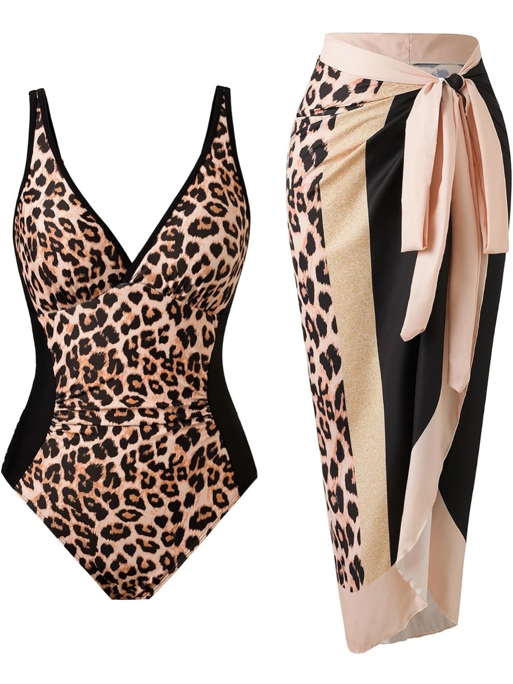 Leopard Print V-Neck One-Piece Swimsuit with Pink Wrap Sarong
